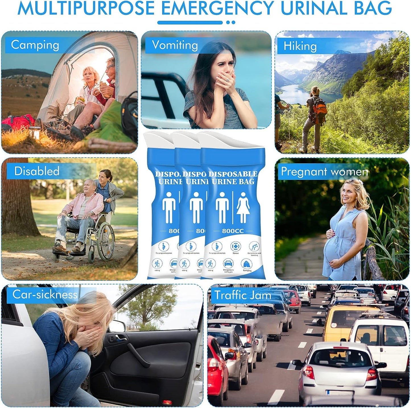 DIBBATU Disposable Urinal Bag, 24 Pcs 800ML Emergency Urine Bag, Unisex Urinal Bag, Portable Camping Pee Bag, Travel Urine Bag Vomit Bag for Traffic Jams, Camping, Hiking, Pregnant, Patient, Kids