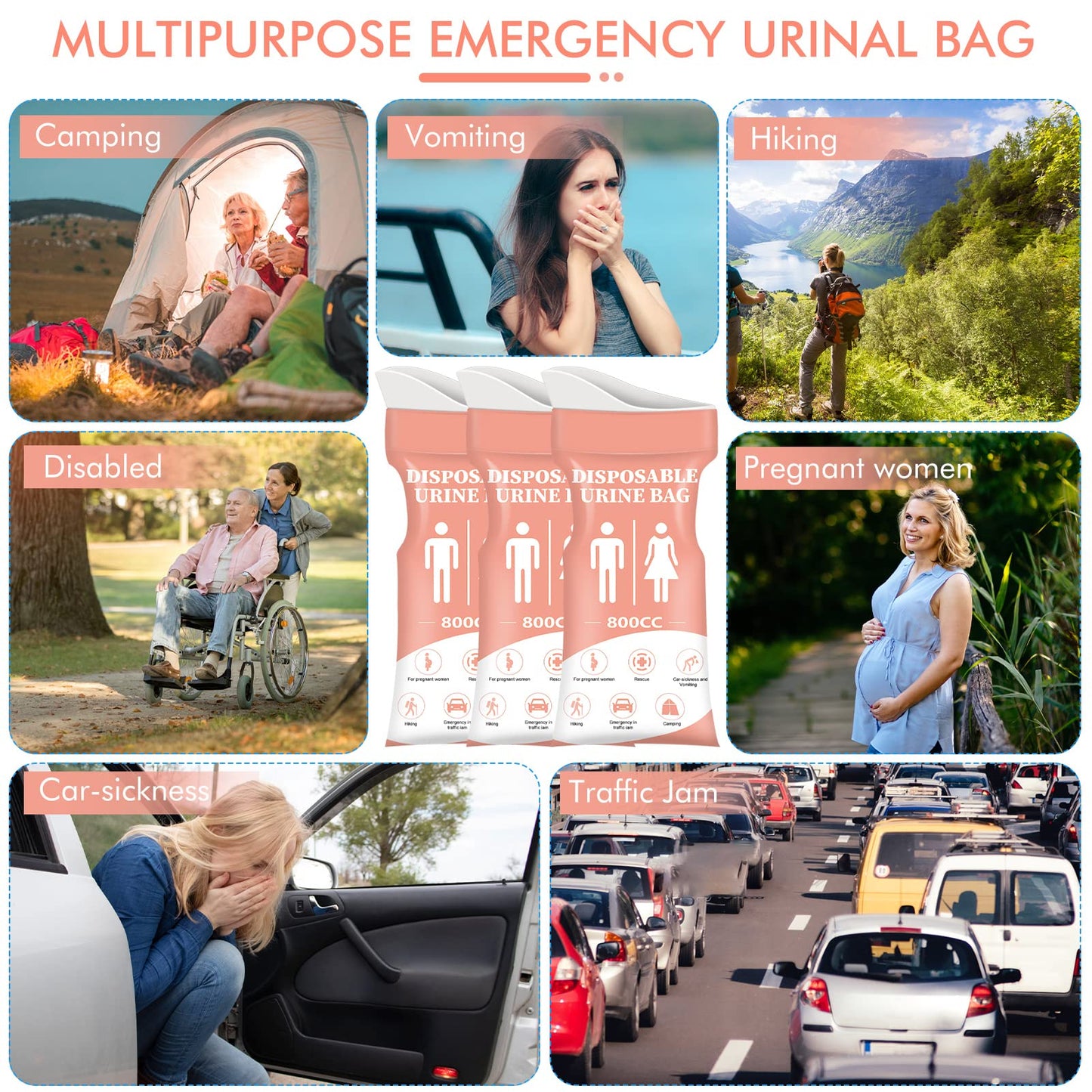 DIBBATU Disposable Urinal Bag, 24 Pcs 800ML Emergency Urine Bag, Unisex Urinal Bag, Portable Camping Pee Bag, Travel Urine Bag Vomit Bag for Traffic Jams, Camping, Hiking, Pregnant, Patient, Kids