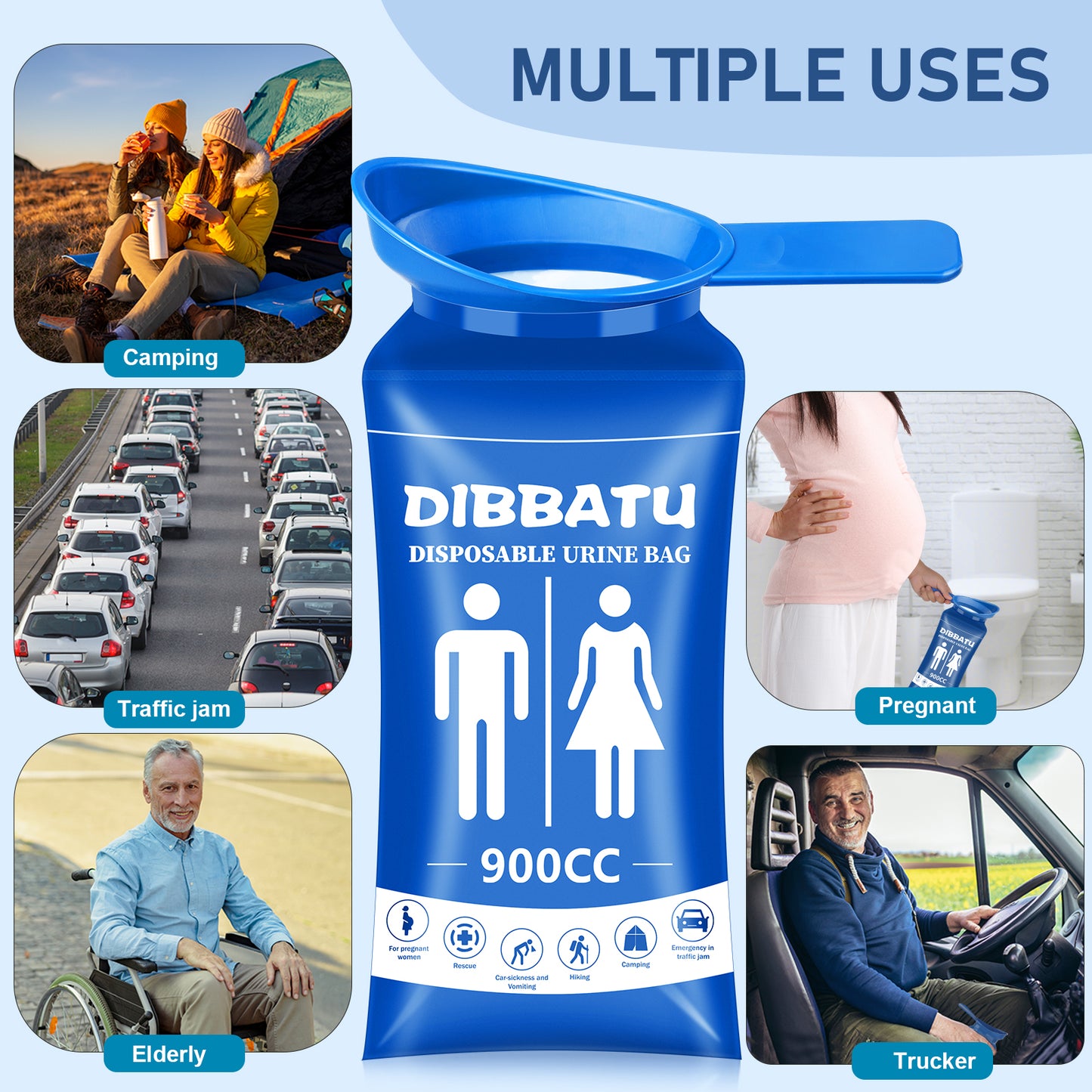 DIBBATU Disposable Urine Bags for Women, 6/12PCS Female-Friendly Travel Urinal Bags, 900ML Pee Bags for Travel for Women/Men, Emergency Unisex Camping Pee Bags for Hiking, Road Trip, Traffic Jam